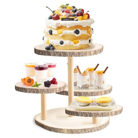 GENMOUS 4 Tiered Round Cake and Cupcake Stand Combo for Birthday Party Decor, Rustic Wooden Cupcake Tower Stands for 50 Cupcakes, Farmhouse Cupcake Tier Stand Display for Wedding Baby Shower Tea Party Cover