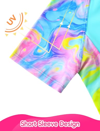 Image of Girl Swimsuits 2 Pieces Multicolor Short Sleeve Quick Dry Durable Rash Guard Set with Shorts