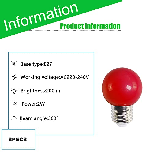 WULUN E27 Coloured Bayonet Light Bulbs,2W G45 Golf Ball Mini Globe Bulb,Equivalent 20W Incandescent Bulbs,for Outdoor Patio Party Christmas Lights Red,20 Pack - Image 2