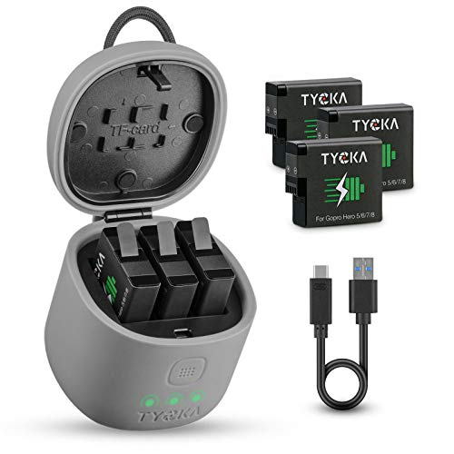 TYCKA 3-Pack 1250mAh Replacement Battery Charger for GoPro Hero 8 Hero 7 Hero 6 Hero 5 Camera, 3 in 1 USB Battery Charger Kit with Waterproof Battery Protector + TF Card Reader + 2 Card Slot