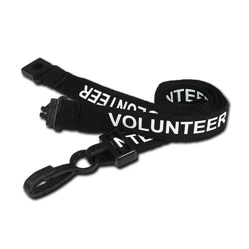 Identity-Plus: Black Pre-Printed VOLUNTEER Lanyard - Plastic Clip and Safety Breakaway Point (50)
