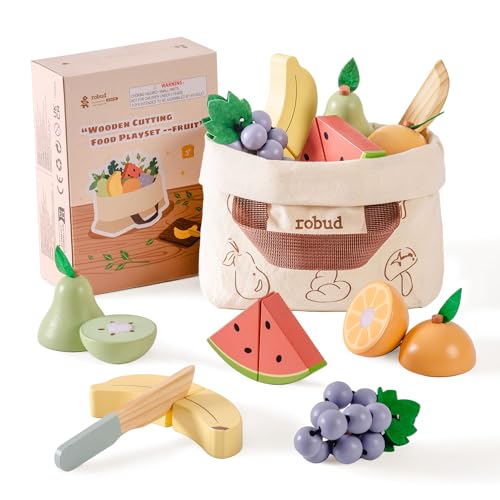 ROBUD Holz Kinderküche Zubehör Spielzeug-Lebensmittel Obst Schneiden Lebensmittel für Rollenspiele Spielküchen mit Aufbewahrungstasche Kinder Geschenke ab 3 Jahren Obstset
