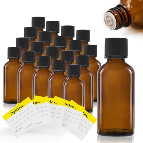 Oputec 20 botellas con cuentagotas de cristal de 30 ml + 20 etiquetas para etiquetar - Botellas de farmacia marrón con gotero - Botellas pequeñas de cristal con tapón de rosca