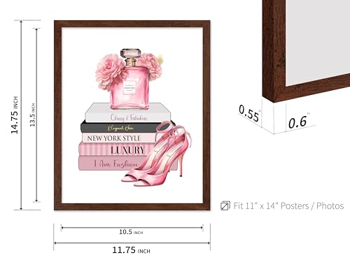 Image of Poster Master Fashion Print - Pink Designer Poster - Shoes & Perfume Art - Chic Gift for Her & Fashionista - Luxury Haute Couture Decor for Bedroom or Girl's Room - 11x14 Brown Framed