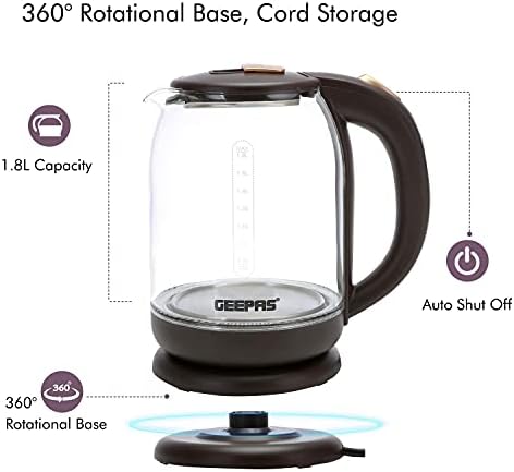 Geepas 1500W Illuminating Electric Glass Kettle | Boil Dry Protection & Auto Shut Off | 1.8L Cordless Glass Jug Kettle with LED Lighting for Hot Water Tea or Coffee | Swivel Base with Auto Lid Open