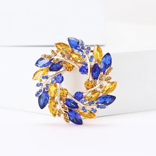 Image of Fashionable Rhinestone Wreath Brooch for Women Ukrainian Blue and Yellow Wheat Ear Brooch Dress Suit Pin Accessories Party Banquet Gift