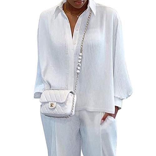 Abiti-2-Pezzi-Donna-Autunnali-Camicia-Maniche-Lunghe-con-Risvolto-a-Coste-Tinta-Unita-Completo-Pantaloni-Lunghi-Nero-Verde-Bianco-Blu-Poliestere-Suit