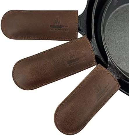 Cast Leather Co., Pan Handles Handmade from Full Grain Leather - Protect Hands from Hot, Great for Cast Iron Skillets - Kitchen, Food Accessory - Durable, Heat Resistant - 3 Pack, Bourbon Brown