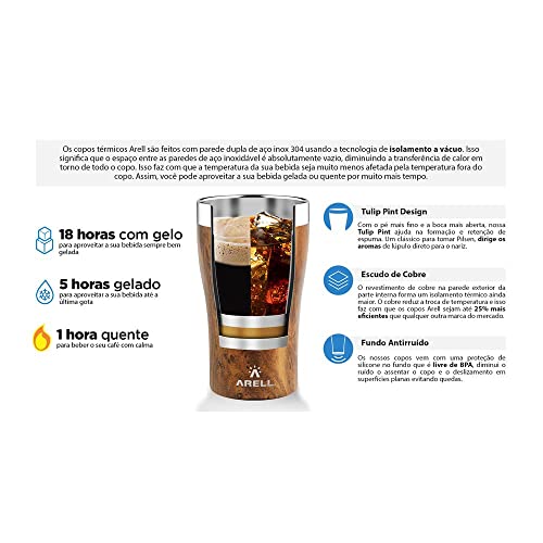 ARELL, COPO TÉRMICO DE CERVEJA COM ISOLAMENTO VÁCUO TULIP 500ML WOOD