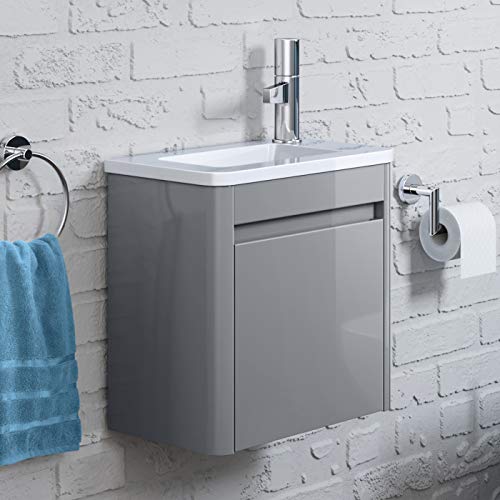 iBathUK Modern Right Hand Cloakroom Vanity Storage Unit with Basin 400mm | Gloss Grey Cloakroom