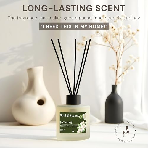 Image of Soul & Scents 50ml Jasmine Reed Diffuser Set | Essence of Orris and Patchouli | Get 5 Rattan Reed Sticks | Smoke Less Room Freshener for Home, Bedroom, Living Room & Office