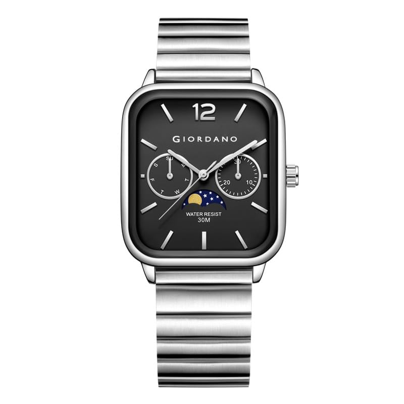 Image of Giordano Classic Square Analog Watch for Men with Moon Phase Display and Stainless Steel Strap - GZ-50117