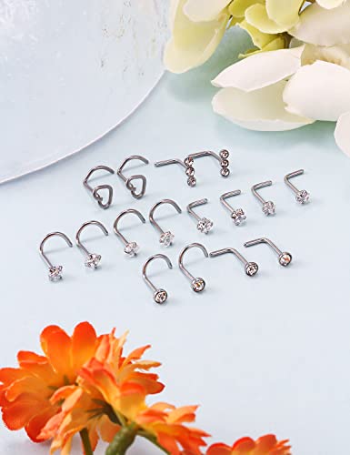 18G 20G Nose Rings Studs Stainless Steel L Shaped Screw Nose Rings Hypoallergenic Cubic Zirconia Nostril Nose Piercing Jewelry for Women Men Silver3
