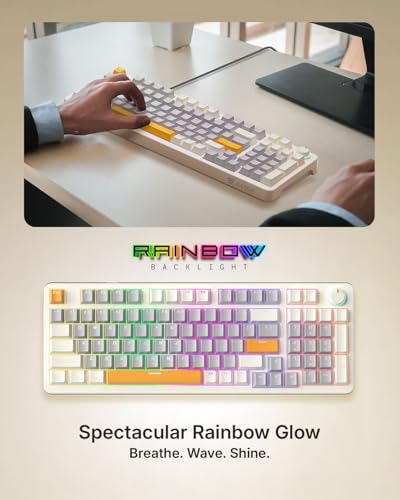 Image of RAEGR MechGear X100 Mechanical Gaming Keyboard, 98 Keys Compact Full Size, Rainbow Backlit, Hot-Swappable Switches, Multi-Function Volume Knob with Detachable Cable - RG10597 Retro White /Grey