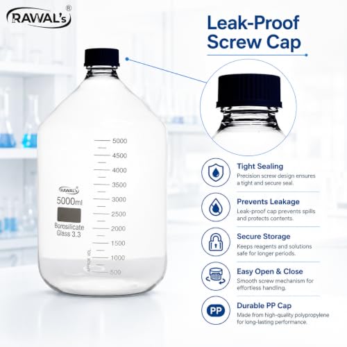 Image of RAWAL'S 5000ml Borosilicate Glass Reagent Bottle - Heavy-Duty Lab Bottle with Leak-Proof Screw Cap | Chemical Storage Container for Laboratory, Scientific, Industrial & Professional Use