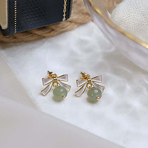 Looyuupee Natural Hetian Jade Beaded Pendant Stud Earrings Bow-Knot Drop Green Jade Ear Studs For Women Gold Earring Jewelry Gift For Mom Lover Her (925 Sterling Silver With Gold Plated) #TOP7