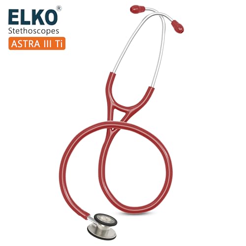Image of ELKO EL-240 ASTRA III Ti Titanium dual head acoustic stethoscope | Adult & Pediatric Stethoscope with Double-sided Natural Titanium Chestpiece | Two-Way PVC Tubing | Doctors & Medical Students (Red)