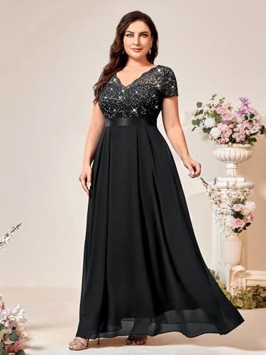 Image of Miusol Women's Plus Size Sequin Floral Lace V Neck Formal Gowns Evening Party Chiffon Maxi Dress