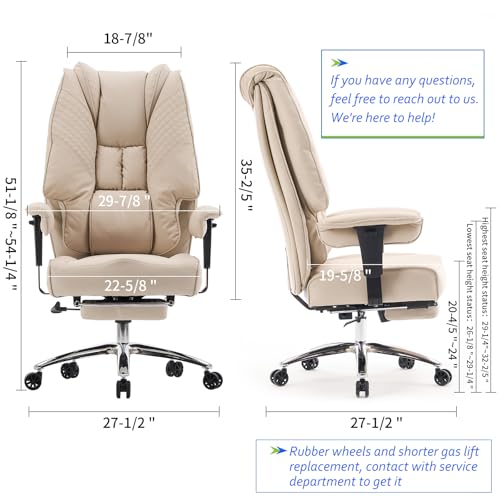 Big and Tall Office Chair 400lbs Wide Seat, Leather High Back Executive Office Chair with Foot Rest, Ergonomic Chairs Lumbar Support for Lower Back Pain Relief (Beige)