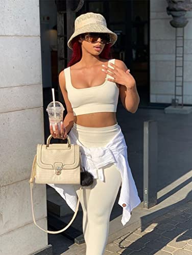 Oqq Women's 3 Piece Ribbed Seamless Exercise Scoop Neck Sports One Shoulder High Waist Legging Active Set Bra Outfit, Beige, Small #TOP4