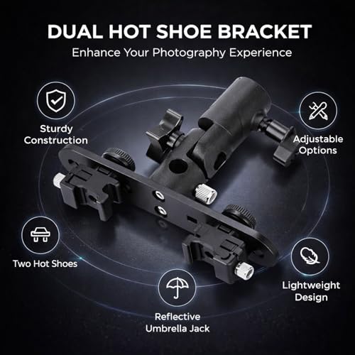 Image of Dual Hot Shoe Flash Bracket Mount Holder, Adjustable Metal Camera Video Accessory - Sturdy Durable Design, Umbrella Holder Jack, Photography Equipment