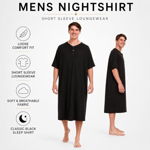 Image of Mens Nightshirt Short Sleeve Lounge, Sleep Shirt, Mens Nightshirt