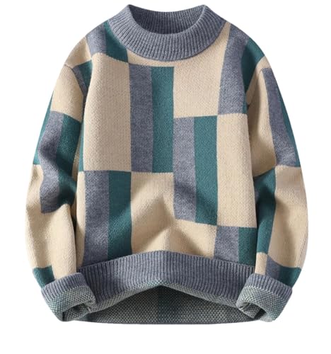 Men Sweater Plaid Round Neck Knitted Pullovers Men's Casual Loose Warm Sweaters