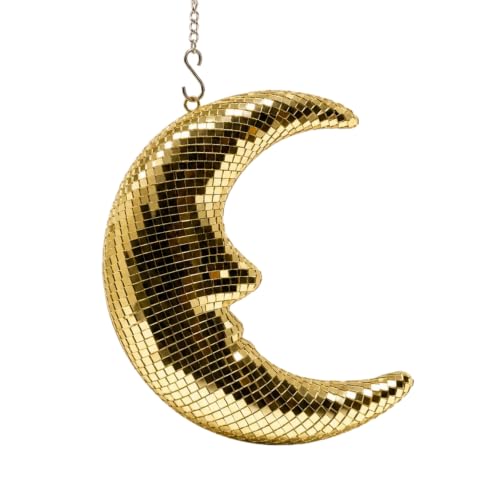 Image of Disco Ball Moon Decor 8.6 inch Gold Crescent Hanging Ornament with Chain & Hook | Reflective Disco Moon with Metal Chain and Hook, Crescent Decor for Wall, Window Hanging , Bedroom, Bar, and Holiday Decor