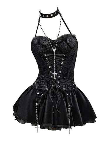MEOWCOS Women Corset Dress Gothic Camisole and Skirt Set with Net Stockings and Lace Sleeves