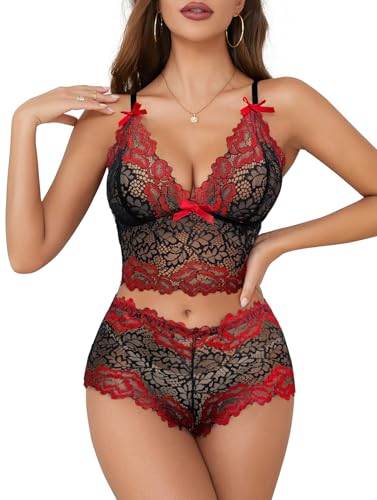 Image of Lilosy Sexy Lingerie for Women Lace Pajamas Set Cami Bra and Panty High Waist Sheer Sleepwear 2 Piece 2XS-6XL