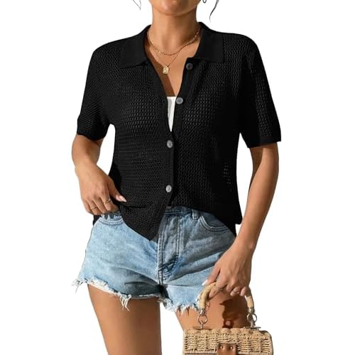 AKEWEI Womens Spring Summer Cardigans Collared Short Sleeve Sweater Shirts Crochet Beach Cover Up Tops Black Medium