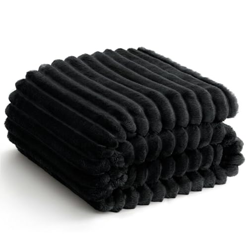 WAVVE Kuscheldecke Flauschig Decke - 150x200cm - Schwarz - Weiche Flanell Fleecedecke, Sofadecke und Couchdecke, Warme Korddecke für Wohnzimmer Deko, Sofaüberwurf Tagesdecke