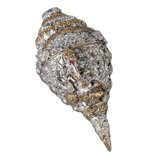 Image of Divine Studio 5 inches Pure Silver Plated Antique Ganesha Decorative Conch Shape Figurine for Wealth, Prosperity and Good Luck Along with Gift Box (Silver-Gold)