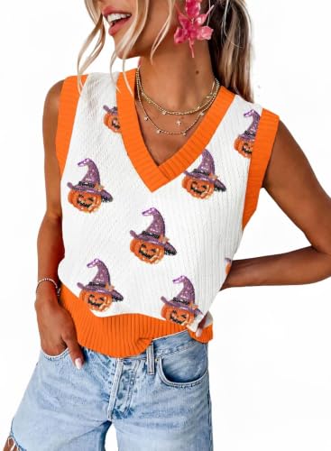 Image of MARZXIN Women Sleeveless Sweater Vest V Neck Knitted Colorful Pullover Tops