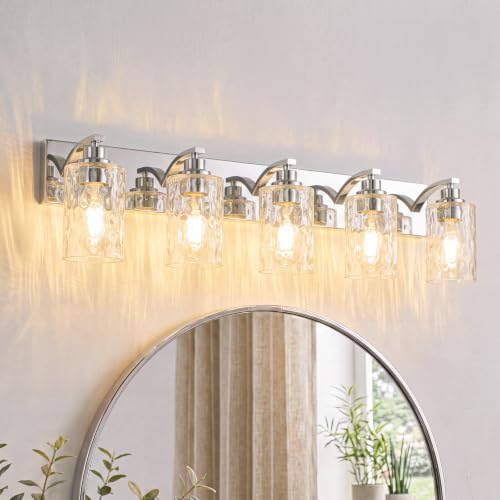 Image of 5-Light Bathroom Light Fixtures Modern Chrome Vanity Lights | Easy to Install Clear Hammered Glass Shades, Rippled Glow, Wall Mount Up or Down, E26 Socket, Hardwired, 120V
