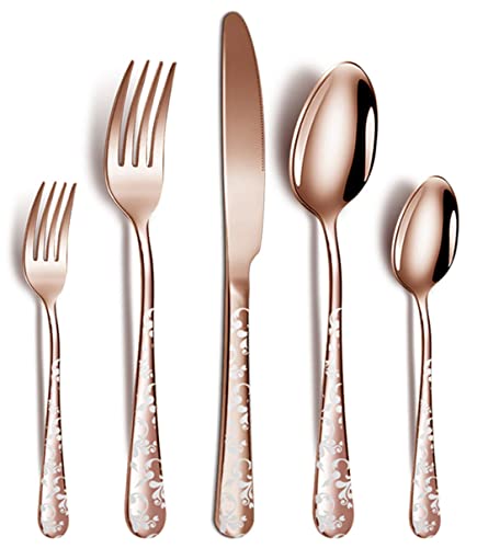 XIAOYU Set di posate in acciaio inossidabile da 5 pezzi, set di posate in argenteria, include coltello/forchetta/cucchiaio, design unico, lavabile in lavastoviglie, oro rosa