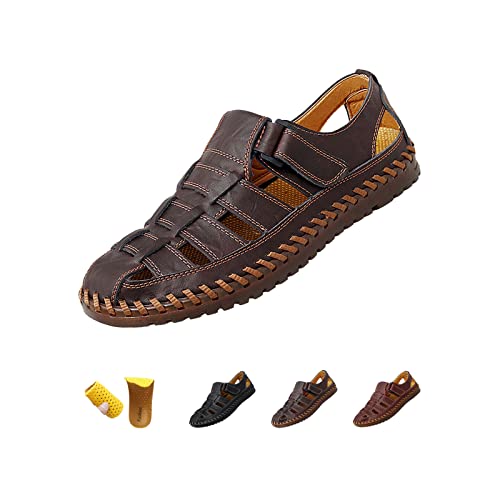 AngryMonkey Men's Closed Toe Fisherman Leather Sandals,Italian Hand-Stitching Comfy Breathe Memory Foam Outdoor Beach Shoes