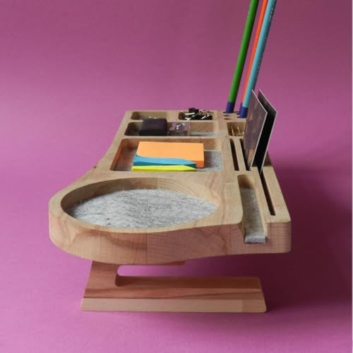 Image of Wooden Desk Organizer with Phone Stand, Multi-Compartment Stationery Holder, Natural Wood Finish (STYLE-1)