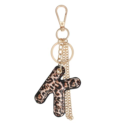 Winssigma Leopard Letter Keychain for Women, PU leather Initial Letter