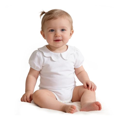 Image of LYSMuch 0-24Mo Baby Girls Peter Pan Collar Bodysuit Toddler Ruffle Romper Short Sleeve Solid Color Clothes