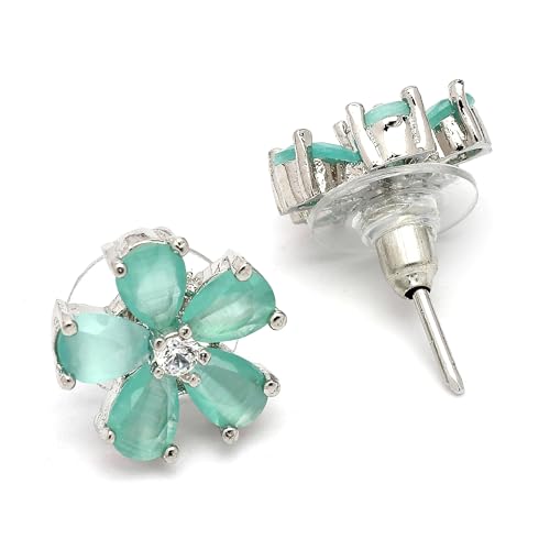 Image of ZENEME Rhodium Plated Silver Toned American Diamond Studded Floral Shaped Pendant Chain With Earrings Jewellery Set For Women And Girls