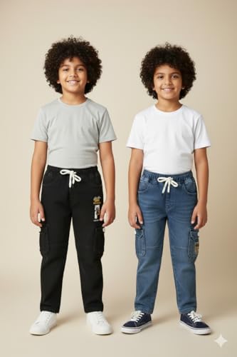 Image of Boys Cargo Pants, Kids Cargo Jeans with Pockets, Adjustable Waist, Stretch Denim Casual Pants for Boys