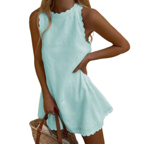 Vestido Playa Lino Elástico | Escote V Festoneado Sin Mangas | Cremallera Trasera | Vacaciones & Paseos Veraniegos (Cyan,XL)