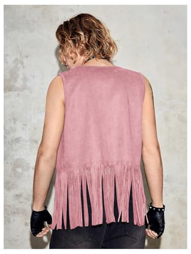 Image of Verdusa Men's Sleeveless V Neck Studded Detail Fringe Trim Open Front Vest Jacket Pink Small