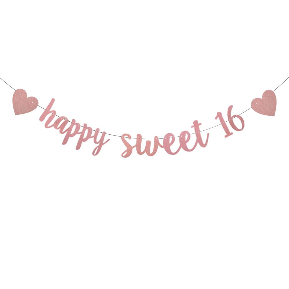 GeRRiT WEIANDBO happy sweet 16 Rose Gold Glitter Paper Banner, Pre-Strung, Suitable for Birthday Party Decoration Flag Logo Background Supplies/Happy