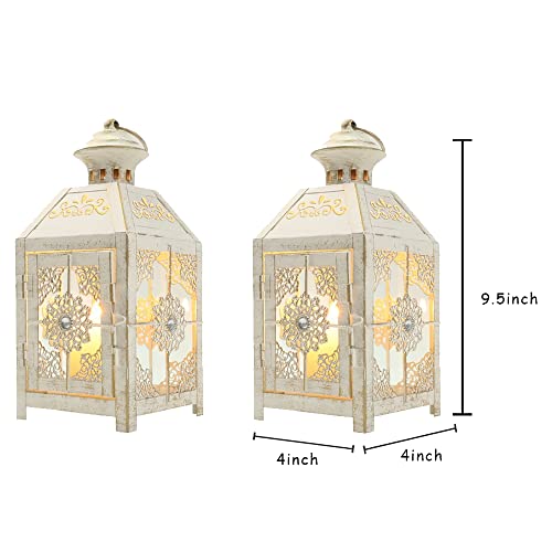 JHY DESIGN Set of 2 Decorative Candle Lantern 9.5" High Metal Candle Lantern Vintage Style Hanging Lantern for Wedding Parties Indoor Outdoor(White with Gold Brush)