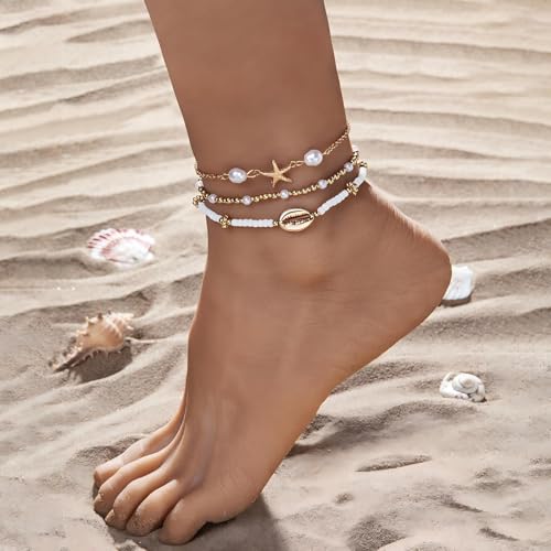 Image of Shell Bracelet,Gold Plated Starfish Ankle Bracelets for Women Waterproof Stack Beaded Anklet Boho Hawaiian Vacation Beach Jewelry Gifts