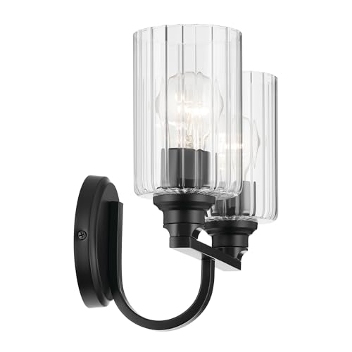 Image of Kichler Gioe 14.25 inch 2-Light Bathroom Vanity Light Fixture with Clear Fluted Glass in Black, Damp Rated for Powder Room Over Mirror (14.25 inch W x 10.5 inch H), 55225BKFLU
