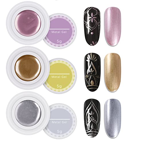 U-Shinein 3 Colors Metallic Painting Gel, Metal Painting Gel Polish, Silver Golden Pink Nails Painted Gel Drawing Gel Soak Off Uv/Led Diy Nail Art Manicure #TOP2