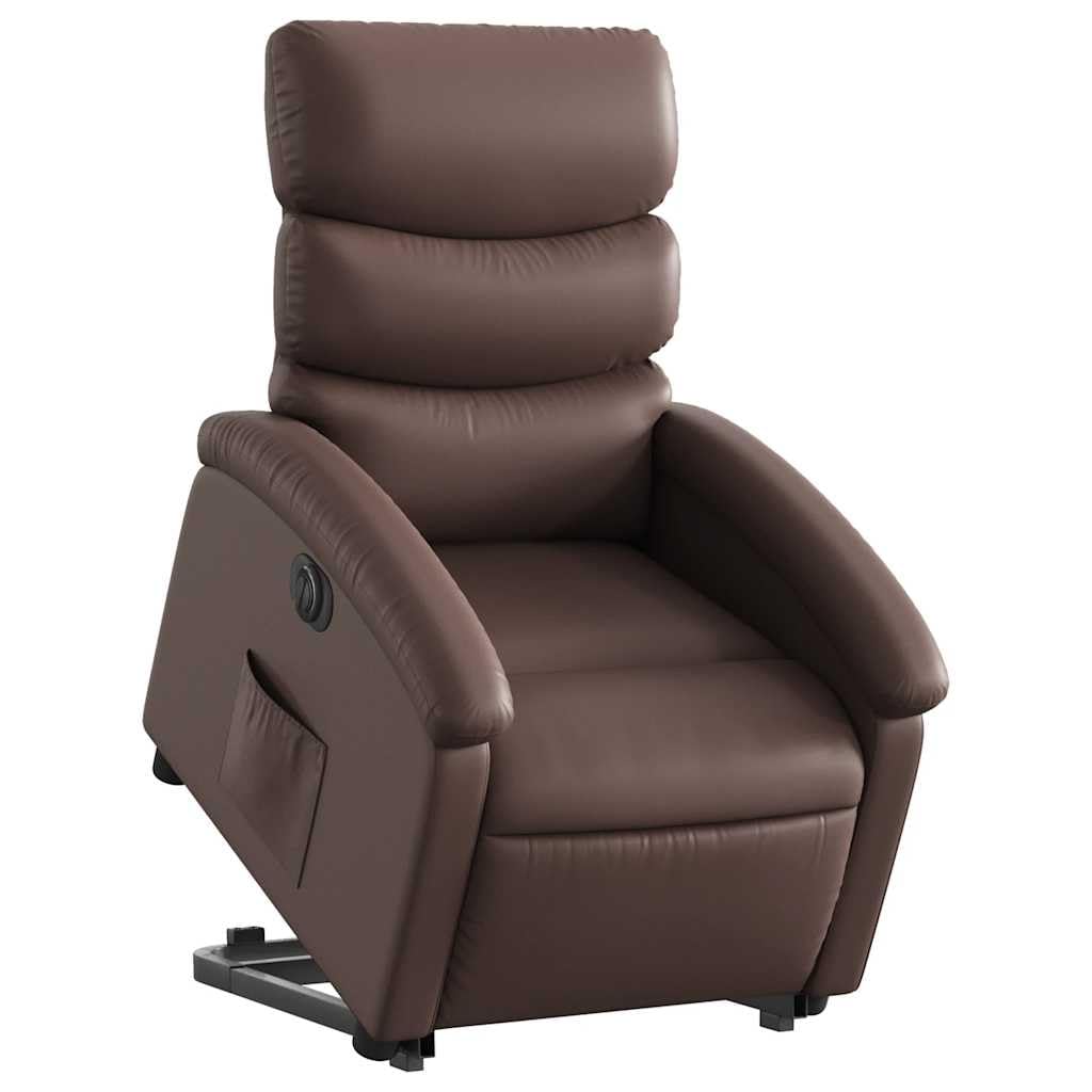 Sillón elevador reclinable eléctrico de piel sintética marrón con función de elevación e inclinación de 135 grados, estructura estable y bolsillo lateral, asiento cómodo para adultos
